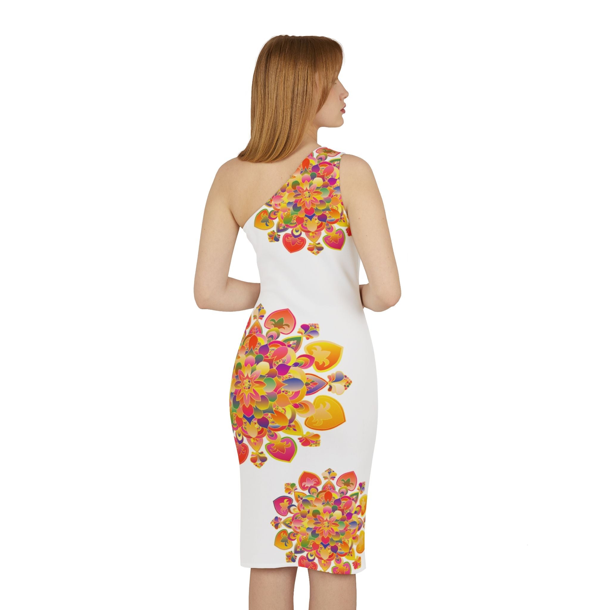 One - Shoulder Dress with Hand - Drawn Mandala Design – White with Orange, Red, and Gold Accents - Blululi All Over Prints - Blululi