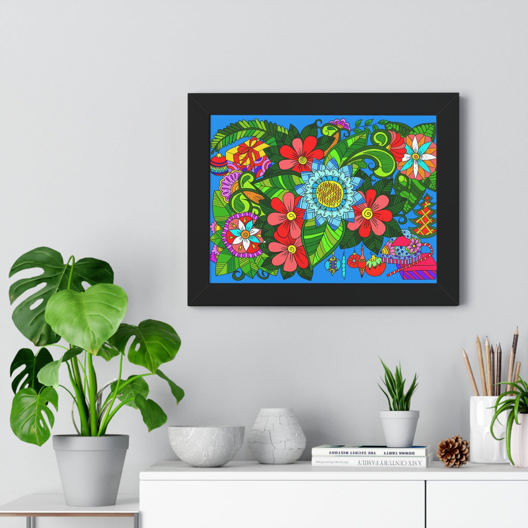 Original Fine Art Drawn by Hand, Framed Horizontal Poster, Flower Doodle - Blululi