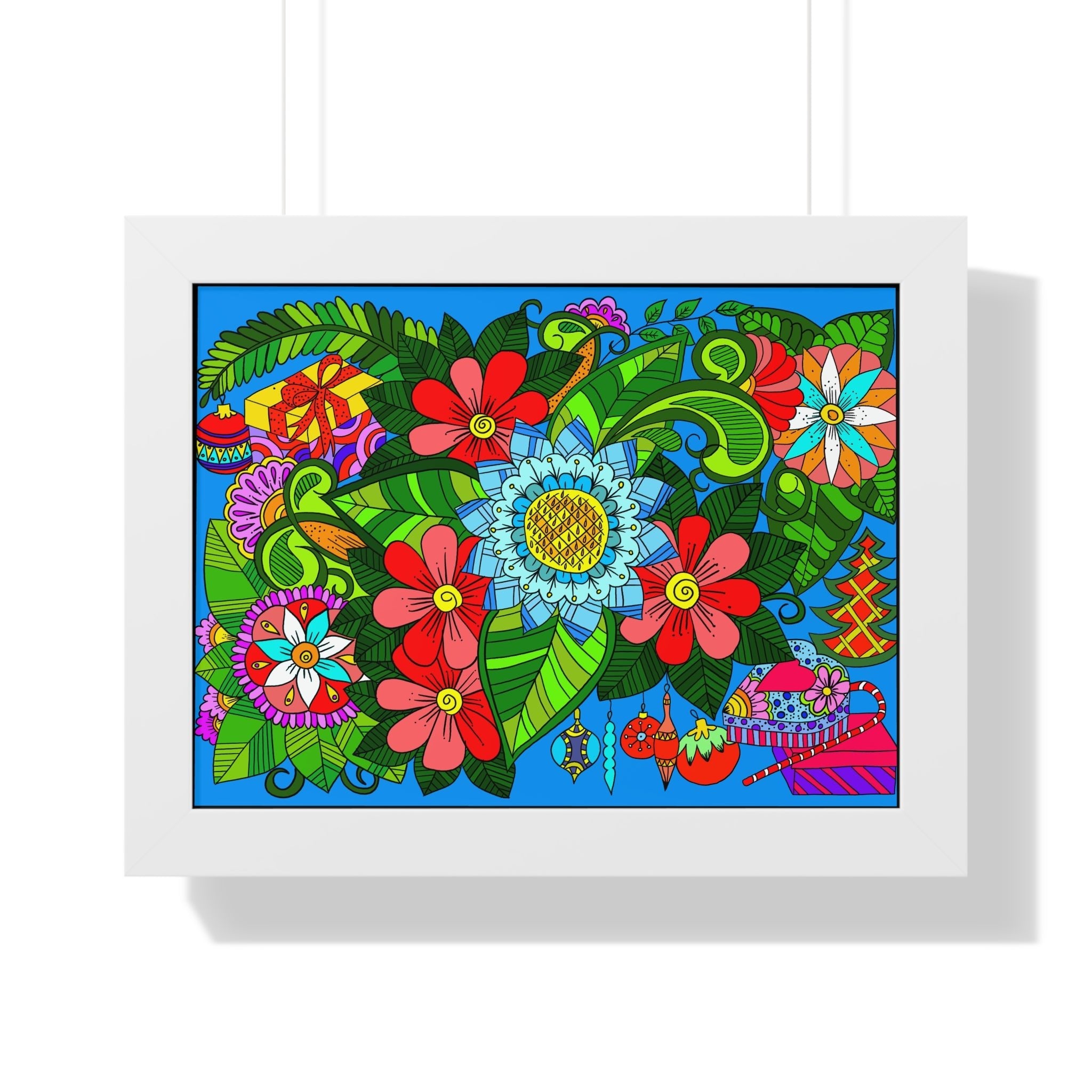 Original Fine Art Drawn by Hand, Framed Horizontal Poster, Flower Doodle - Blululi