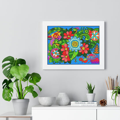 Original Fine Art Drawn by Hand, Framed Horizontal Poster, Flower Doodle - Blululi