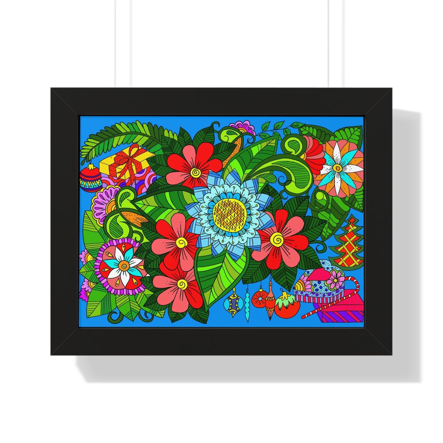 Original Fine Art Drawn by Hand, Framed Horizontal Poster, Flower Doodle - Blululi