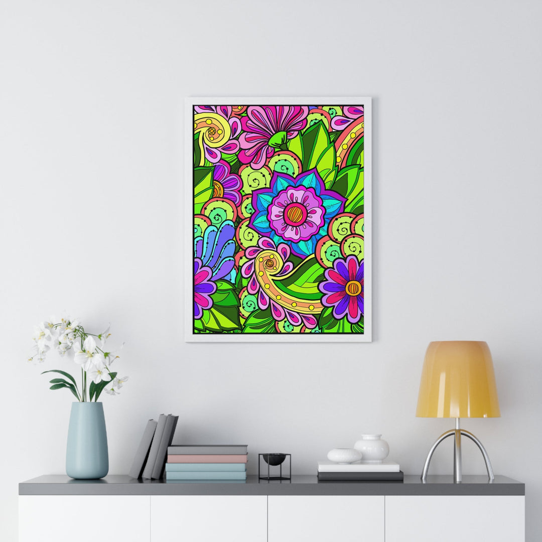 Original Fine Art Drawn by Hand, Vertical Framed Poster, Flower Doodle - Blululi