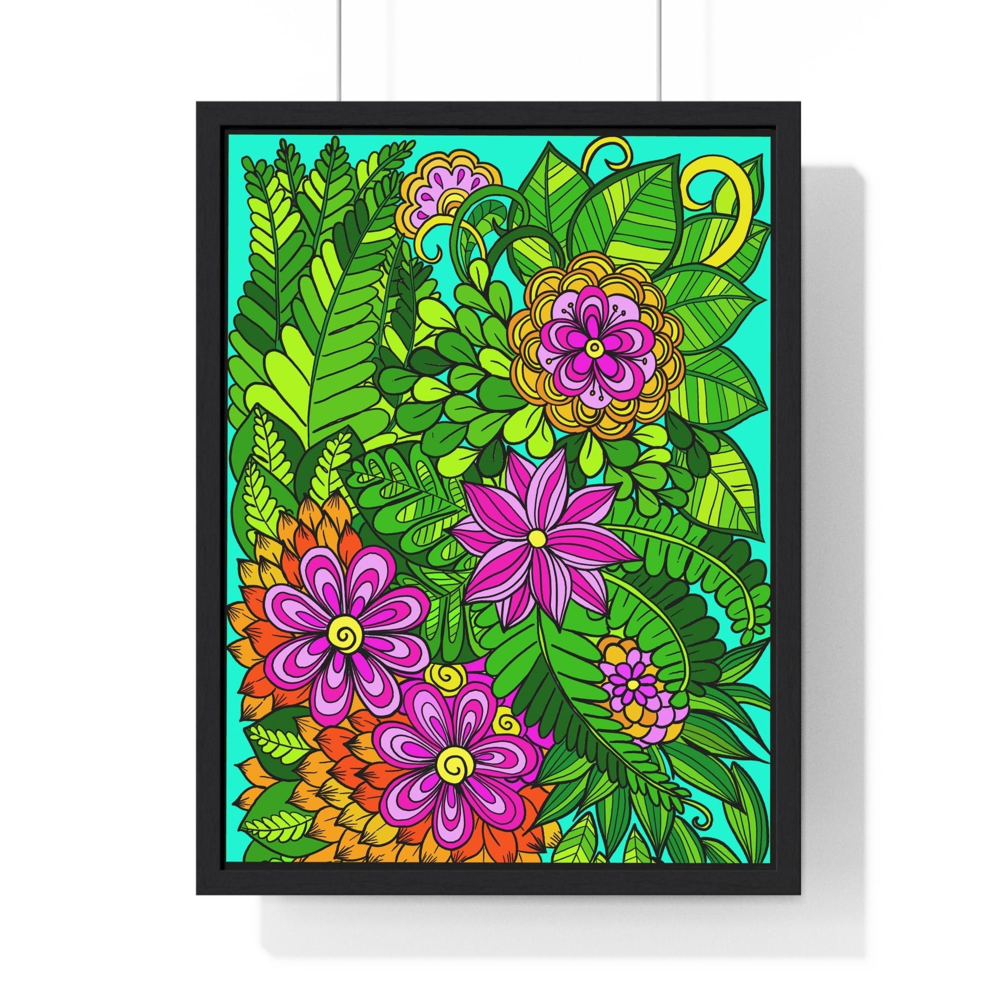 Original Fine Art Drawn by Hand, Vertical Framed Poster, Flower Doodle - Blululi