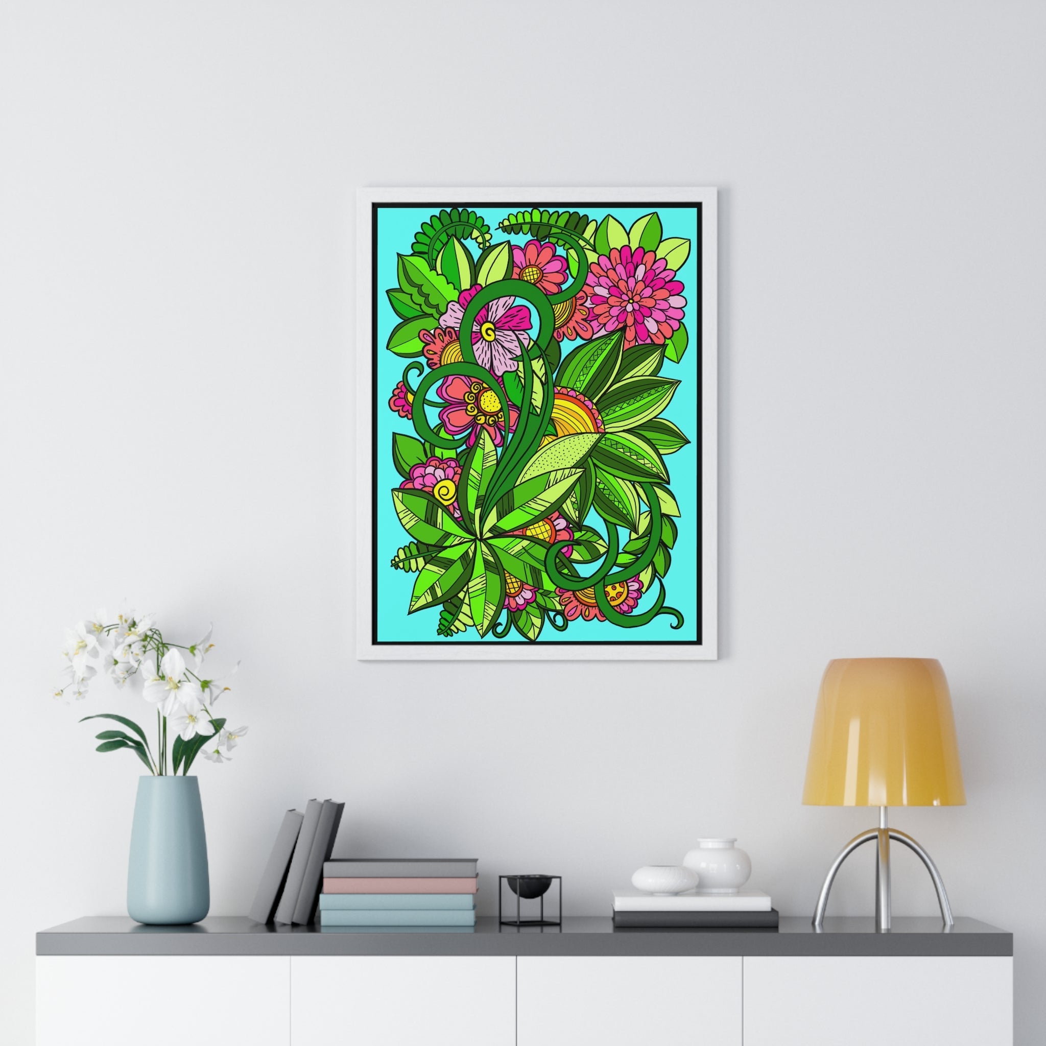 Original Fine Art Drawn by Hand, Vertical Framed Poster, Flower Doodle - Blululi