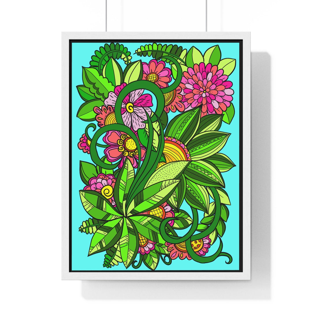 Original Fine Art Drawn by Hand, Vertical Framed Poster, Flower Doodle - Blululi