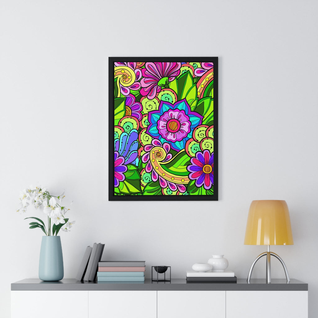 Original Fine Art Drawn by Hand, Vertical Framed Poster, Flower Doodle - Blululi