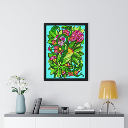 Original Fine Art Drawn by Hand, Vertical Framed Poster, Flower Doodle - Blululi