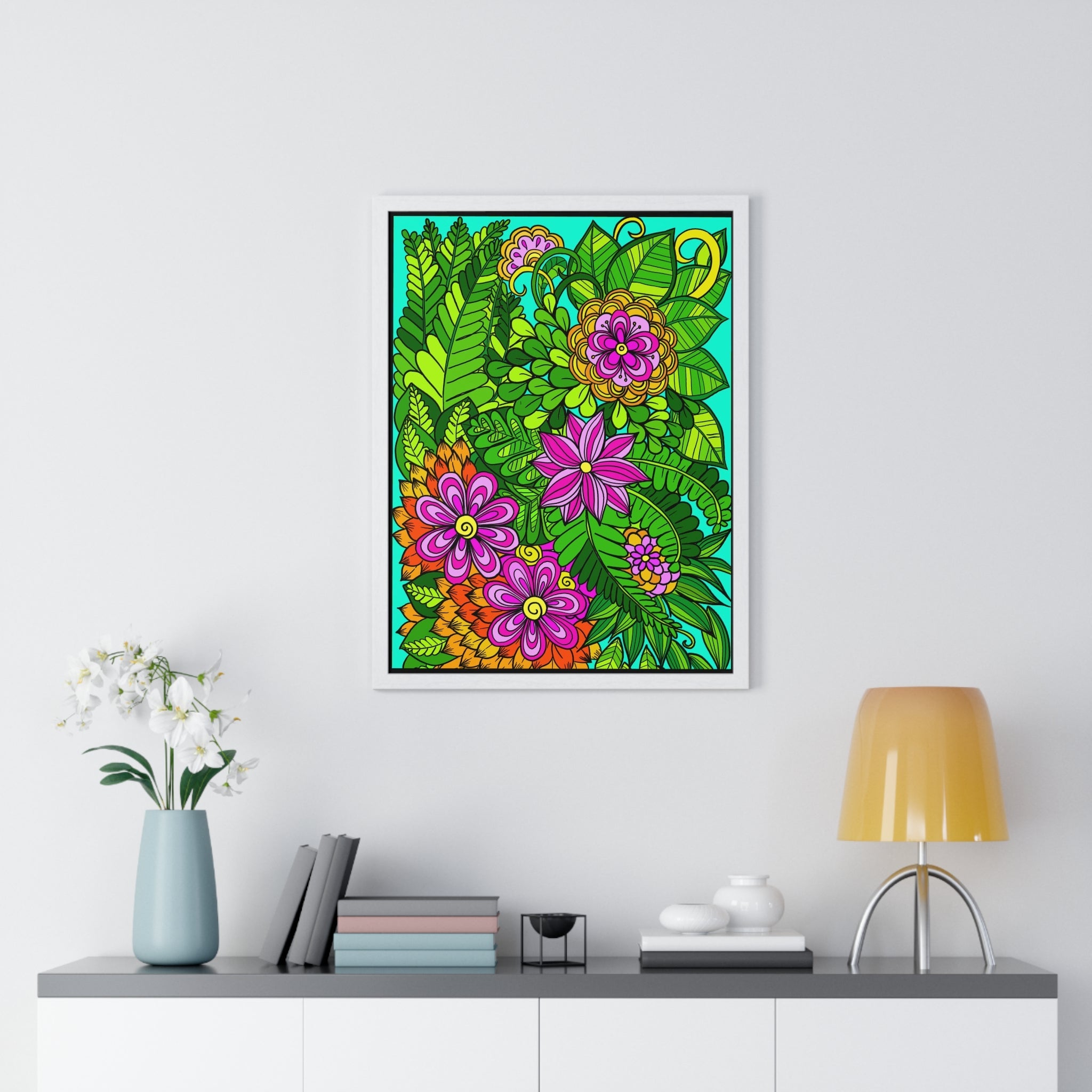 Original Fine Art Drawn by Hand, Vertical Framed Poster, Flower Doodle - Blululi