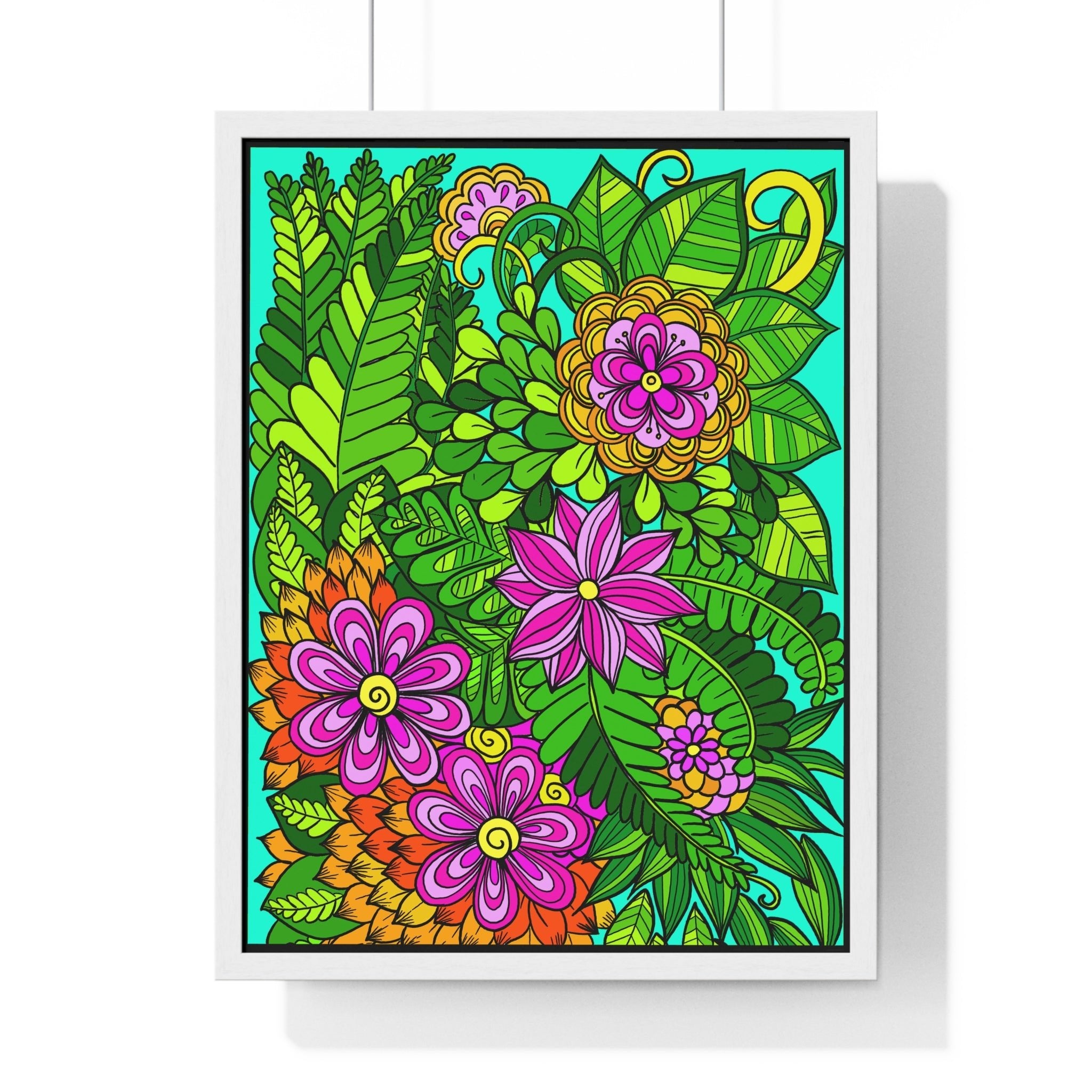 Original Fine Art Drawn by Hand, Vertical Framed Poster, Flower Doodle - Blululi