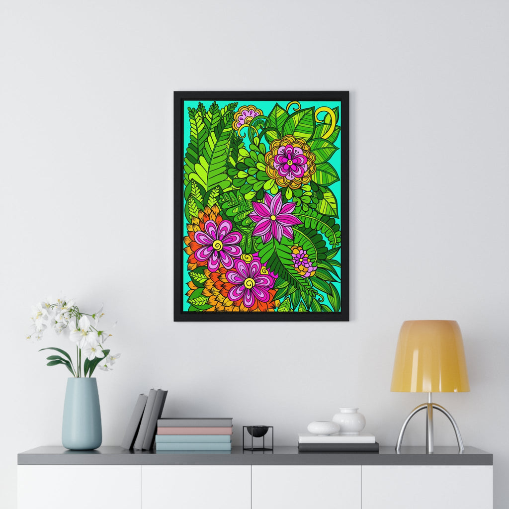 Original Fine Art Drawn by Hand, Vertical Framed Poster, Flower Doodle - Blululi