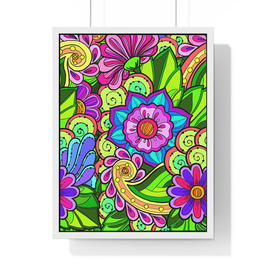 Original Fine Art Drawn by Hand, Vertical Framed Poster, Flower Doodle - Blululi