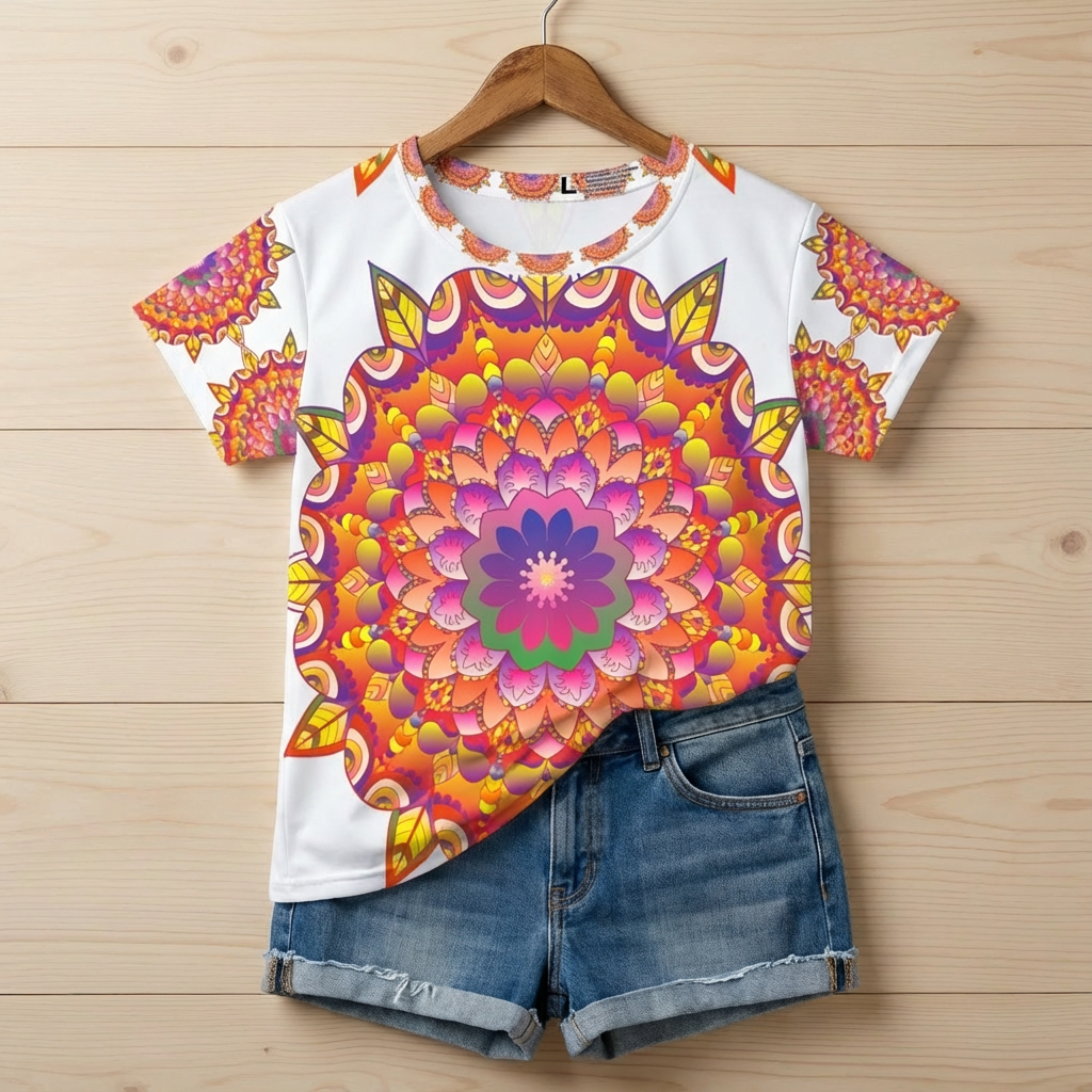 Lifestyle flatlay of a Rainbow Mandala Women's T-Shirt on a wooden hanger with denim shorts underneath, featuring an all-over rainbow mandala print and a clean, casual setup.