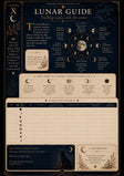 A decorative 'Lunar Guide' page or booklet  with a dark navy and beige design, featuring moon phases, text about visiting cats, and lined tracking sections for lunar visitation. The layout is ornate and informative, with celestial illustrations and cream panels on a dark background.