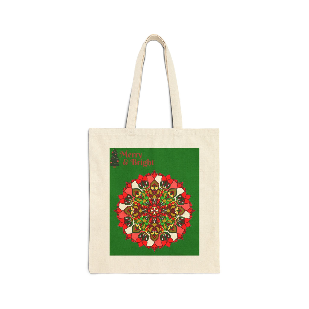 Perfect Holiday Accessory - "Merry & Bright" Christmas Mandala Cotton Canvas Tote Bag - Blululi