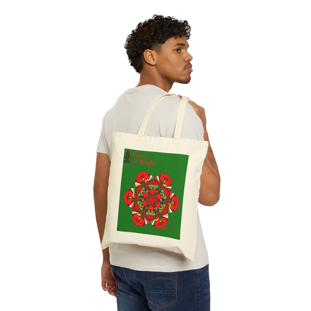 Perfect Holiday Accessory - "Merry & Bright" Christmas Mandala Cotton Canvas Tote Bag - Blululi