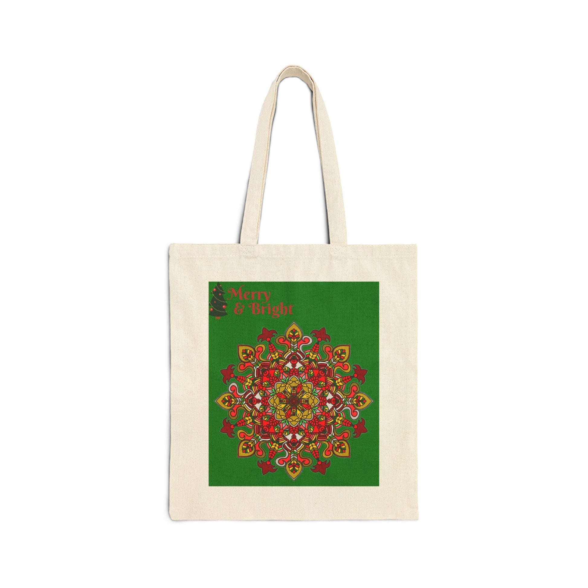 Perfect Holiday Accessory - "Merry & Bright" Christmas Mandala Cotton Canvas Tote Bag - Blululi