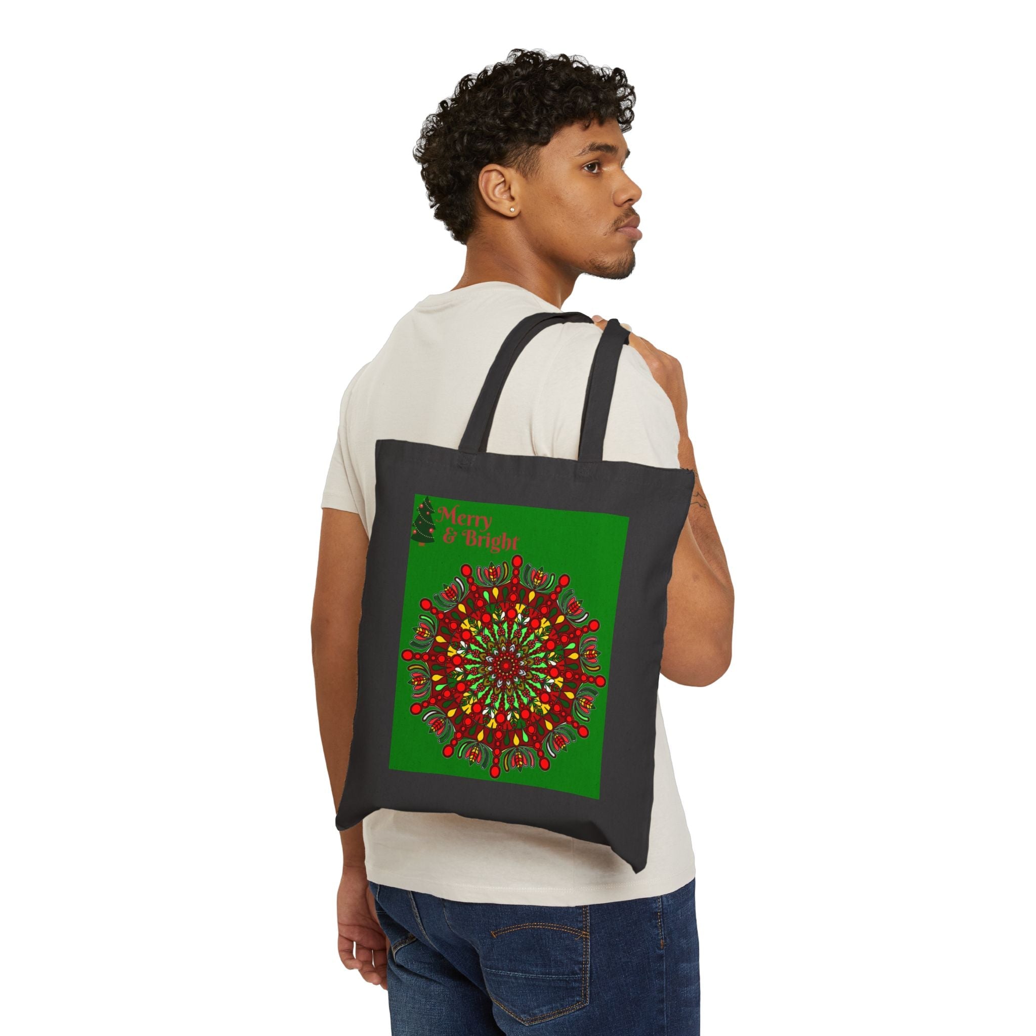 Perfect Holiday Accessory - "Merry & Bright" Christmas Mandala Cotton Canvas Tote Bag - Blululi