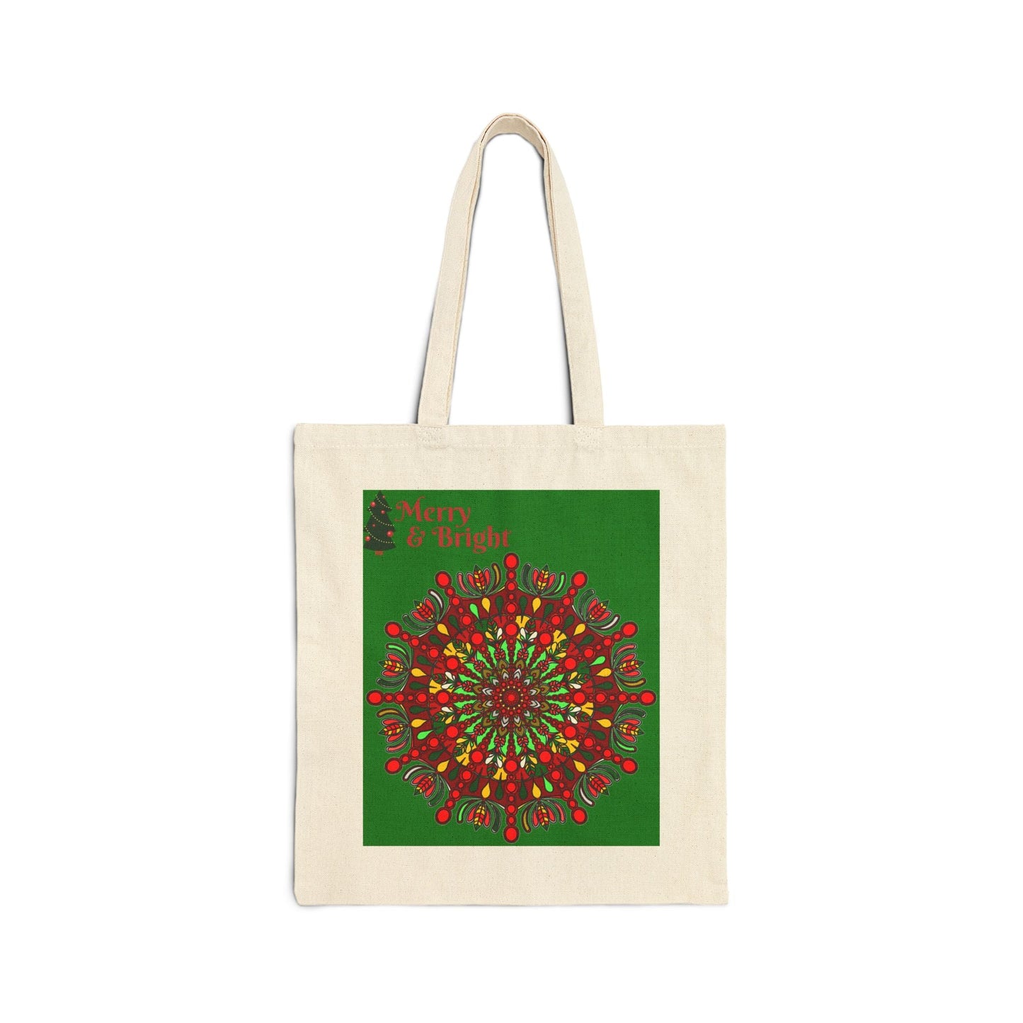 Perfect Holiday Accessory - "Merry & Bright" Christmas Mandala Cotton Canvas Tote Bag - Blululi