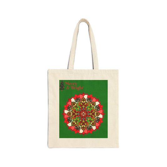 Perfect Holiday Accessory - "Merry & Bright" Christmas Mandala Cotton Canvas Tote Bag - Blululi