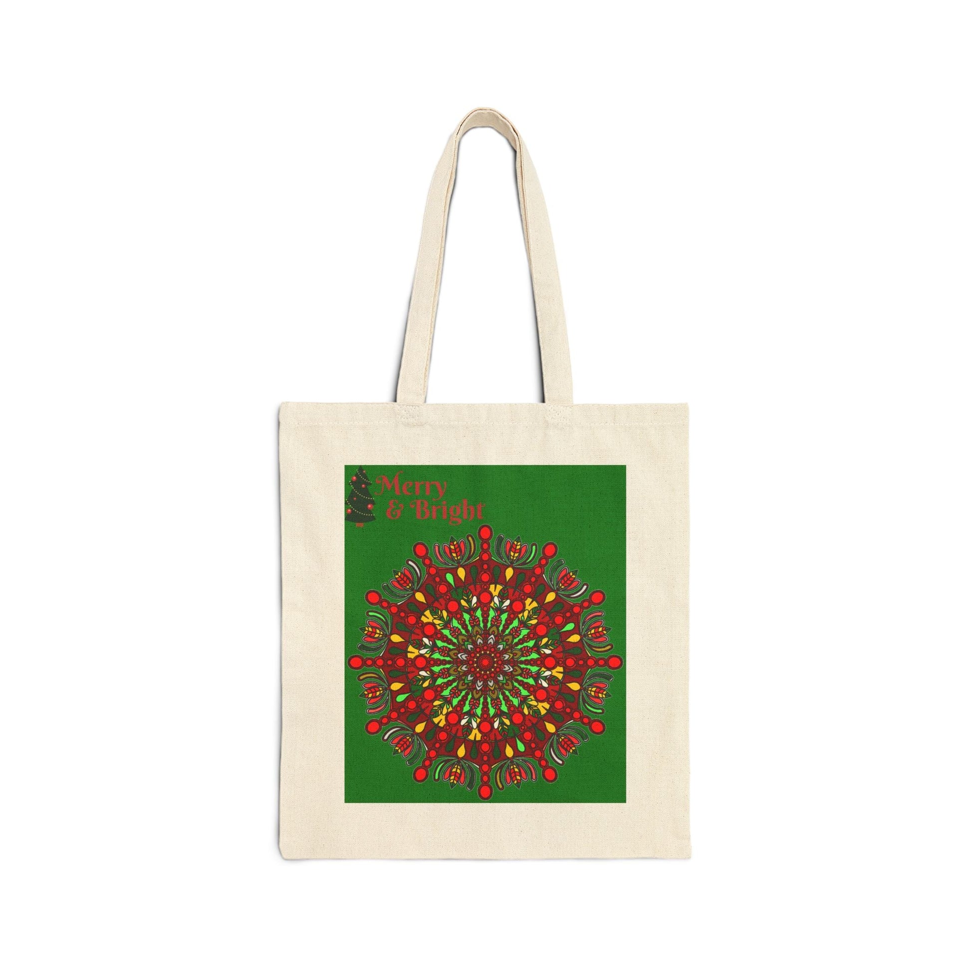 Perfect Holiday Accessory - "Merry & Bright" Christmas Mandala Cotton Canvas Tote Bag - Blululi