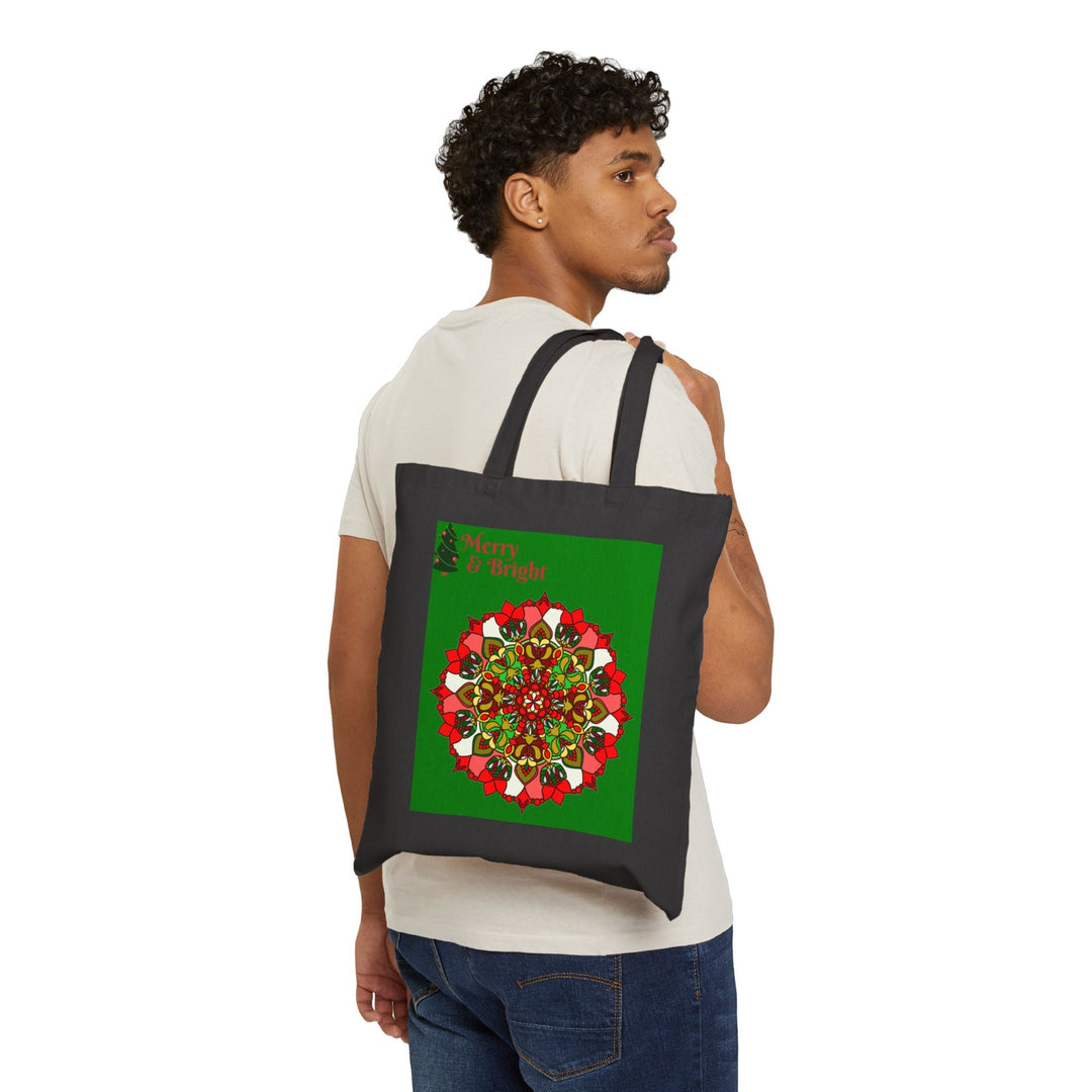 Perfect Holiday Accessory - "Merry & Bright" Christmas Mandala Cotton Canvas Tote Bag - Blululi