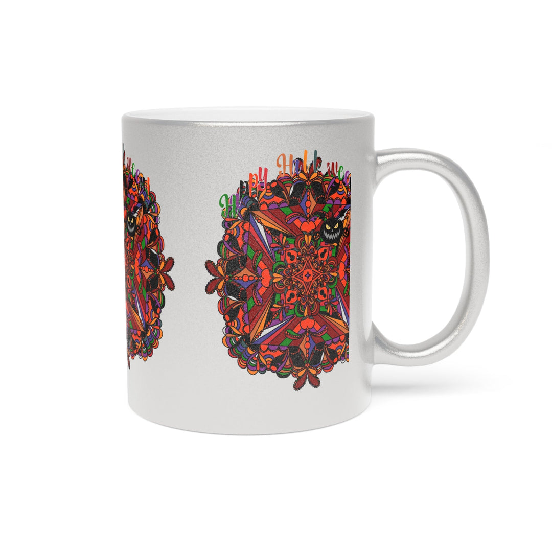 Personalized Halloween Mandala Metallic Mug - Pumpkin Mandala Design - Hand - Drawn Art - Silver and Gold - Blululi