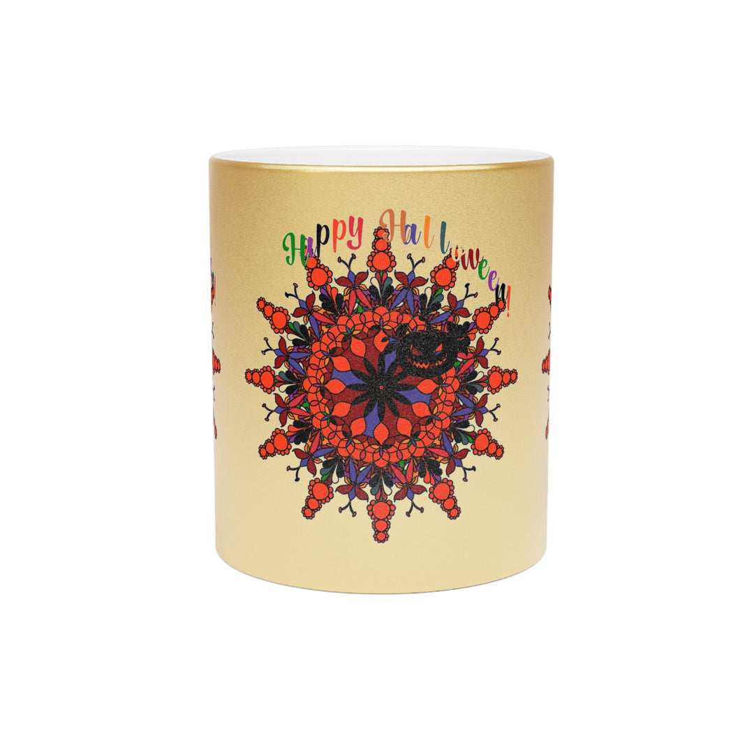 Personalized Halloween Mandala Metallic Mug - Pumpkin Mandala Design - Hand - Drawn Art - Silver and Gold - Blululi