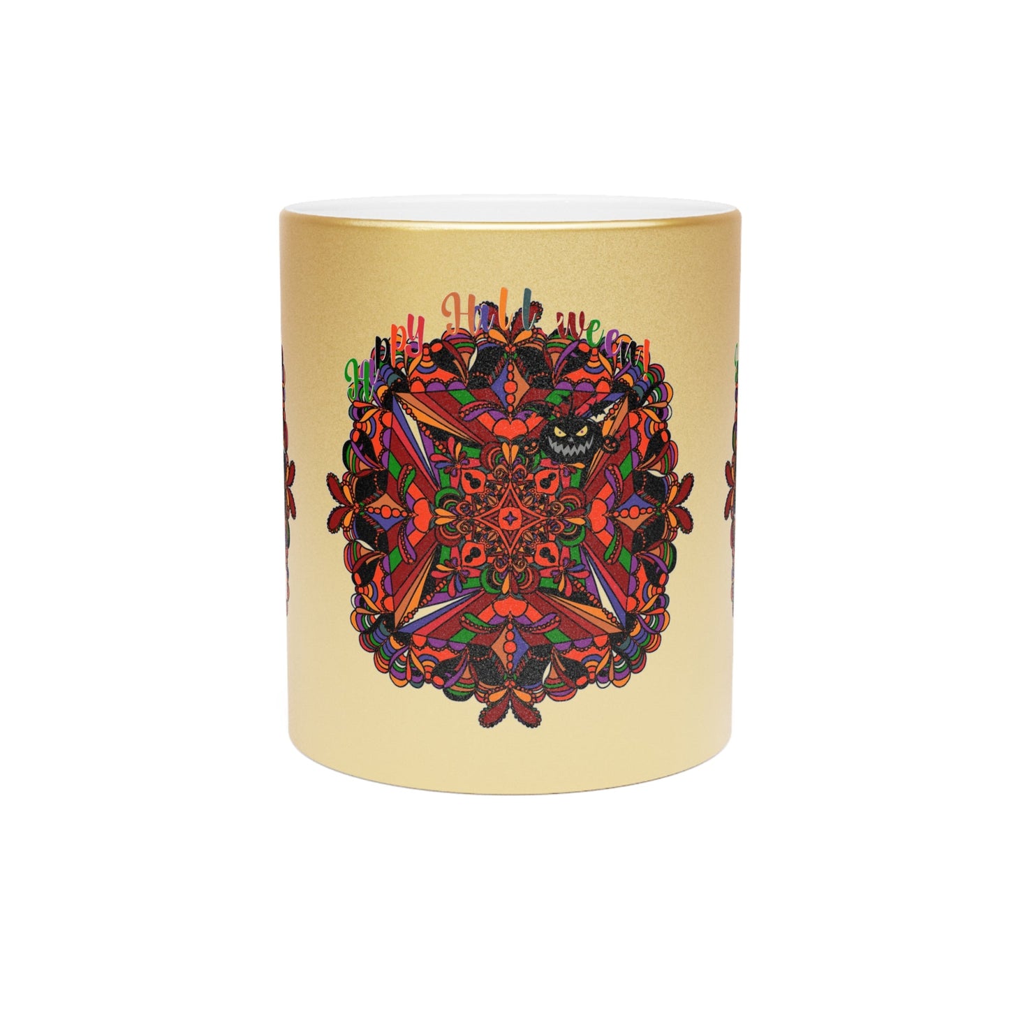 Personalized Halloween Mandala Metallic Mug - Pumpkin Mandala Design - Hand - Drawn Art - Silver and Gold - Blululi