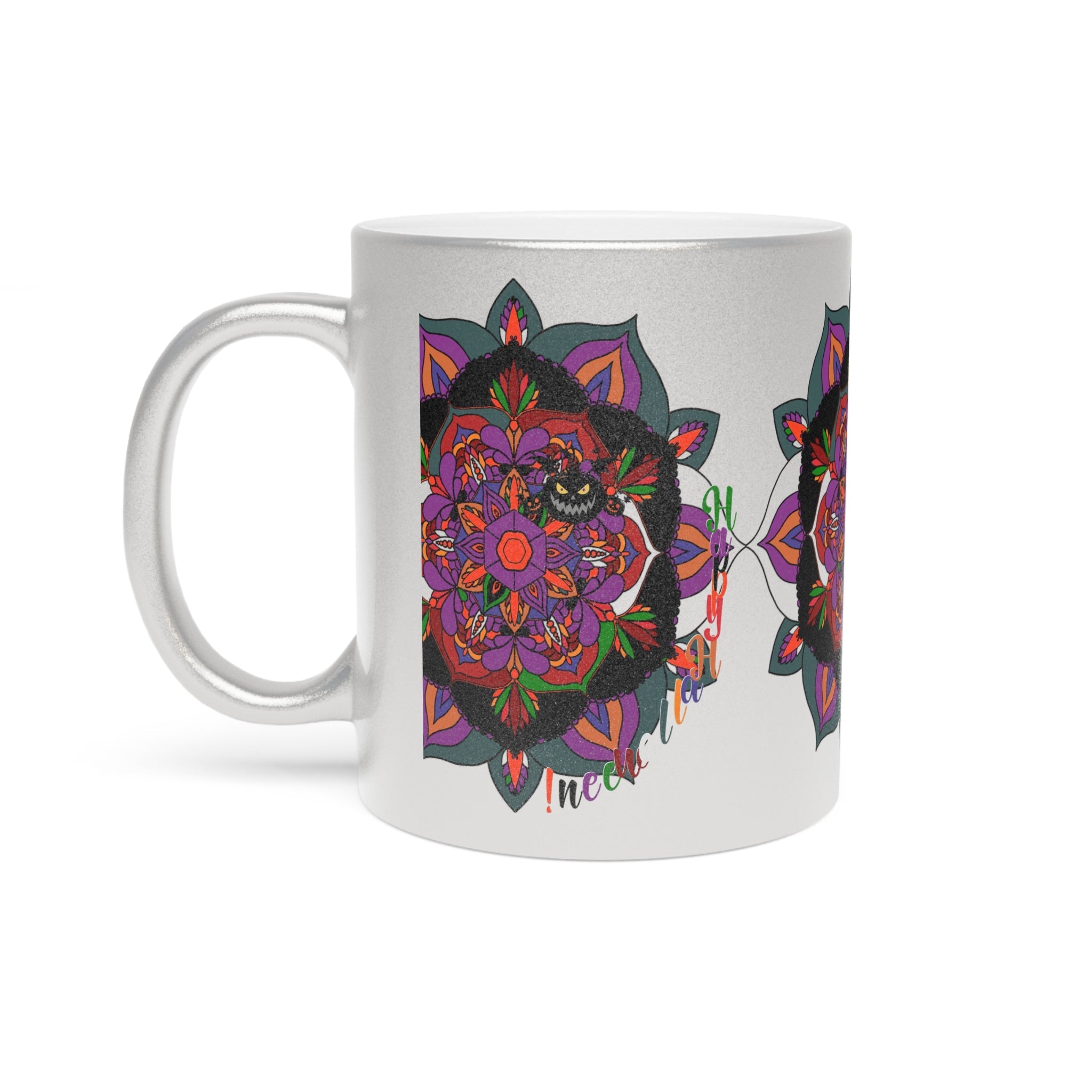 Personalized Halloween Mandala Metallic Mug - Pumpkin Mandala Design - Hand - Drawn Art - Silver and Gold - Blululi