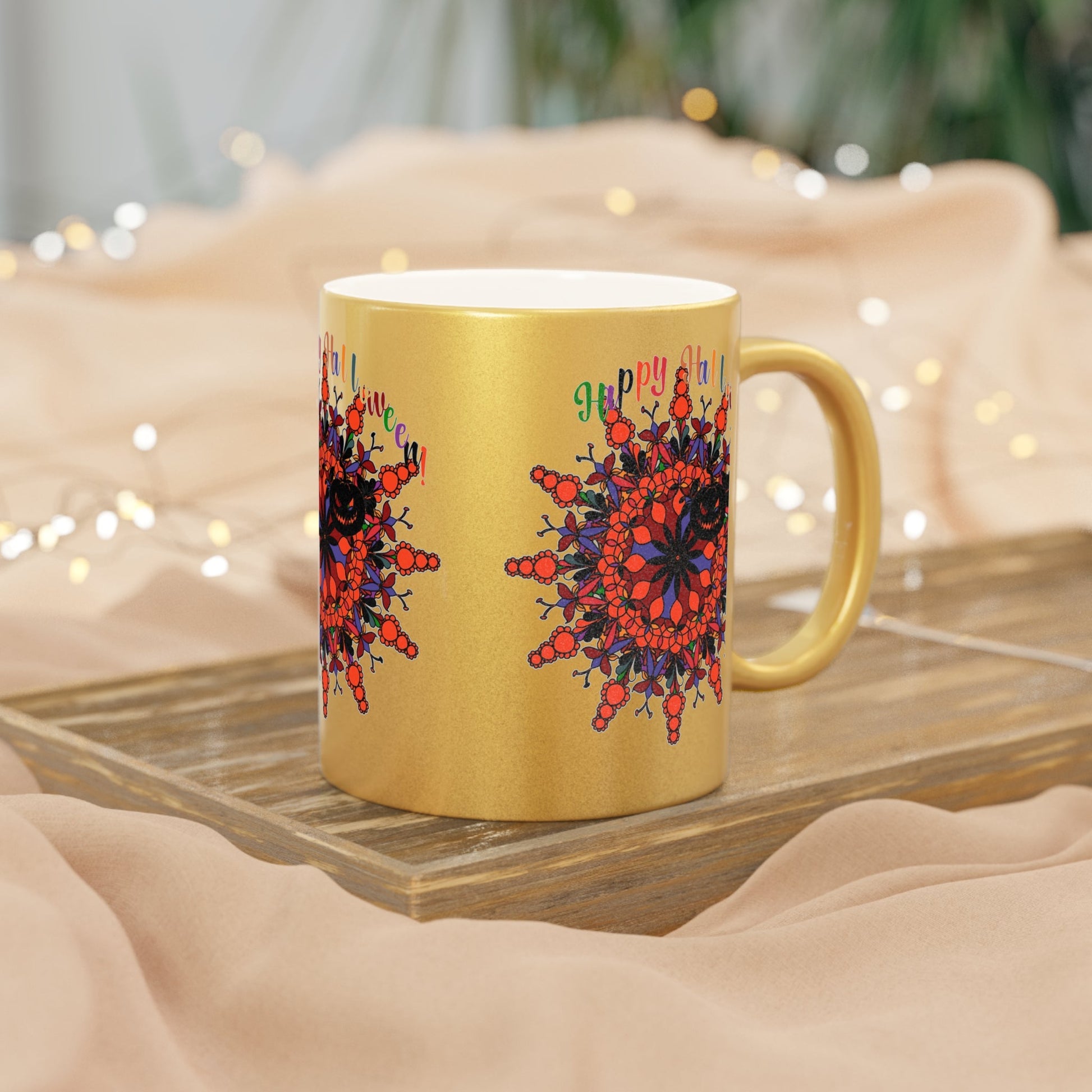 Personalized Halloween Mandala Metallic Mug - Pumpkin Mandala Design - Hand - Drawn Art - Silver and Gold - Blululi