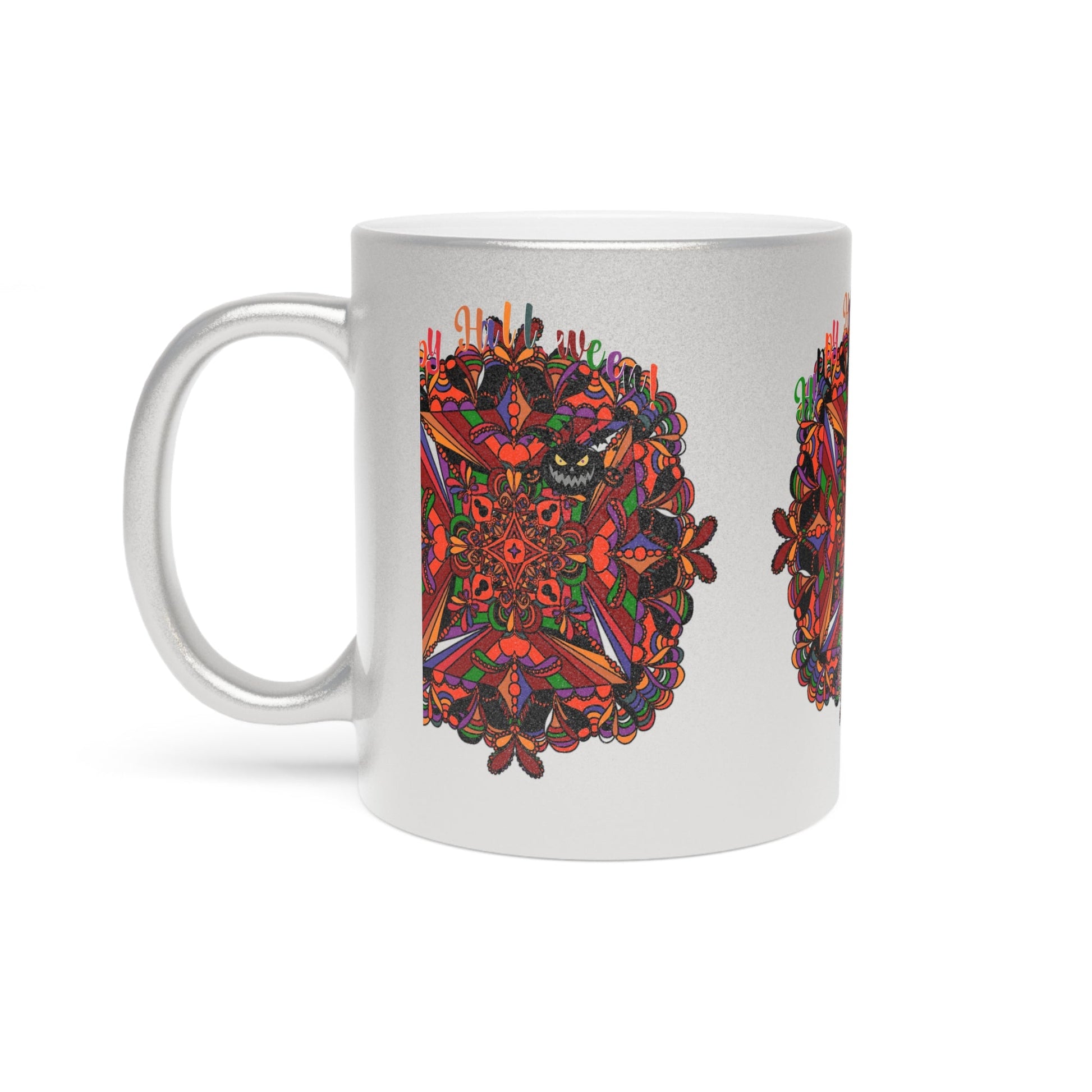 Personalized Halloween Mandala Metallic Mug - Pumpkin Mandala Design - Hand - Drawn Art - Silver and Gold - Blululi