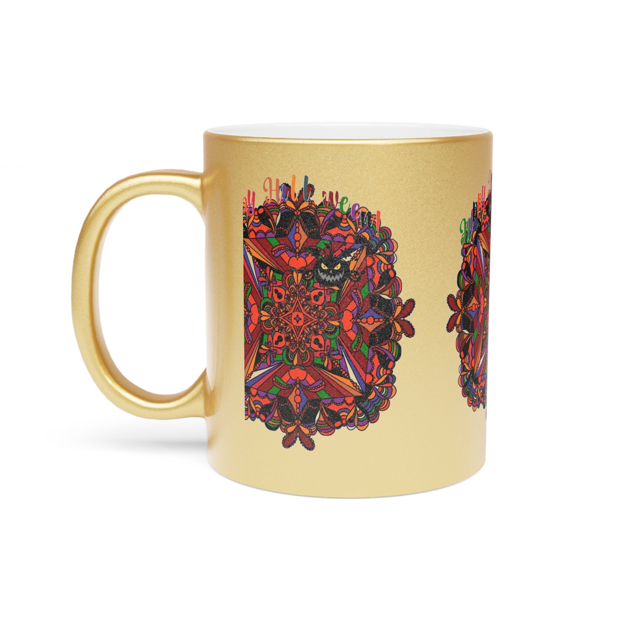 Personalized Halloween Mandala Metallic Mug - Pumpkin Mandala Design - Hand - Drawn Art - Silver and Gold - Blululi