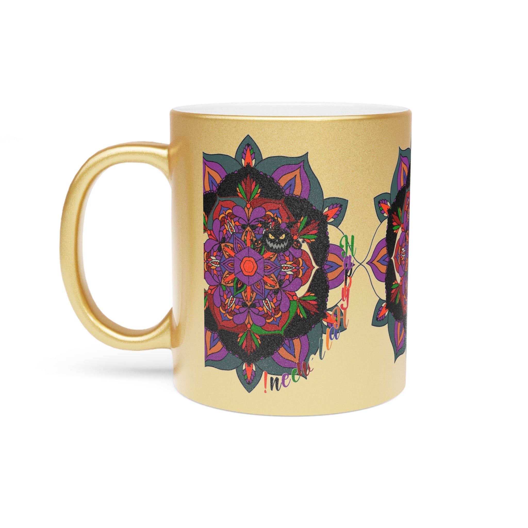 Personalized Halloween Mandala Metallic Mug - Pumpkin Mandala Design - Hand - Drawn Art - Silver and Gold - Blululi