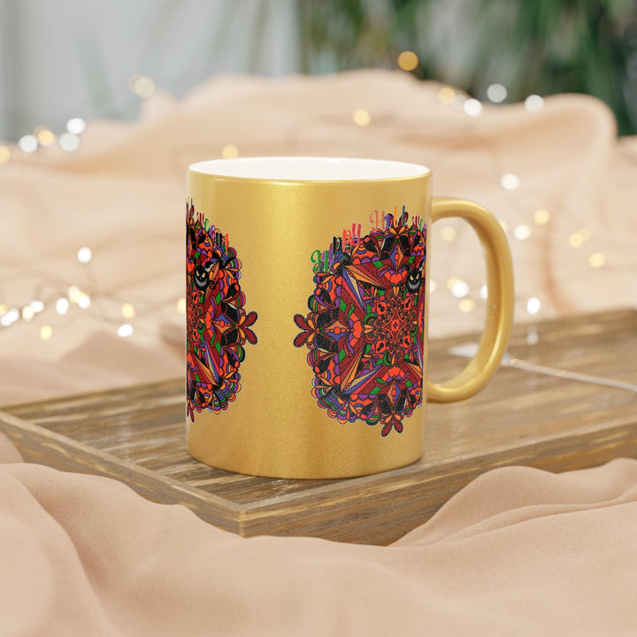 Personalized Halloween Mandala Metallic Mug - Pumpkin Mandala Design - Hand - Drawn Art - Silver and Gold - Blululi