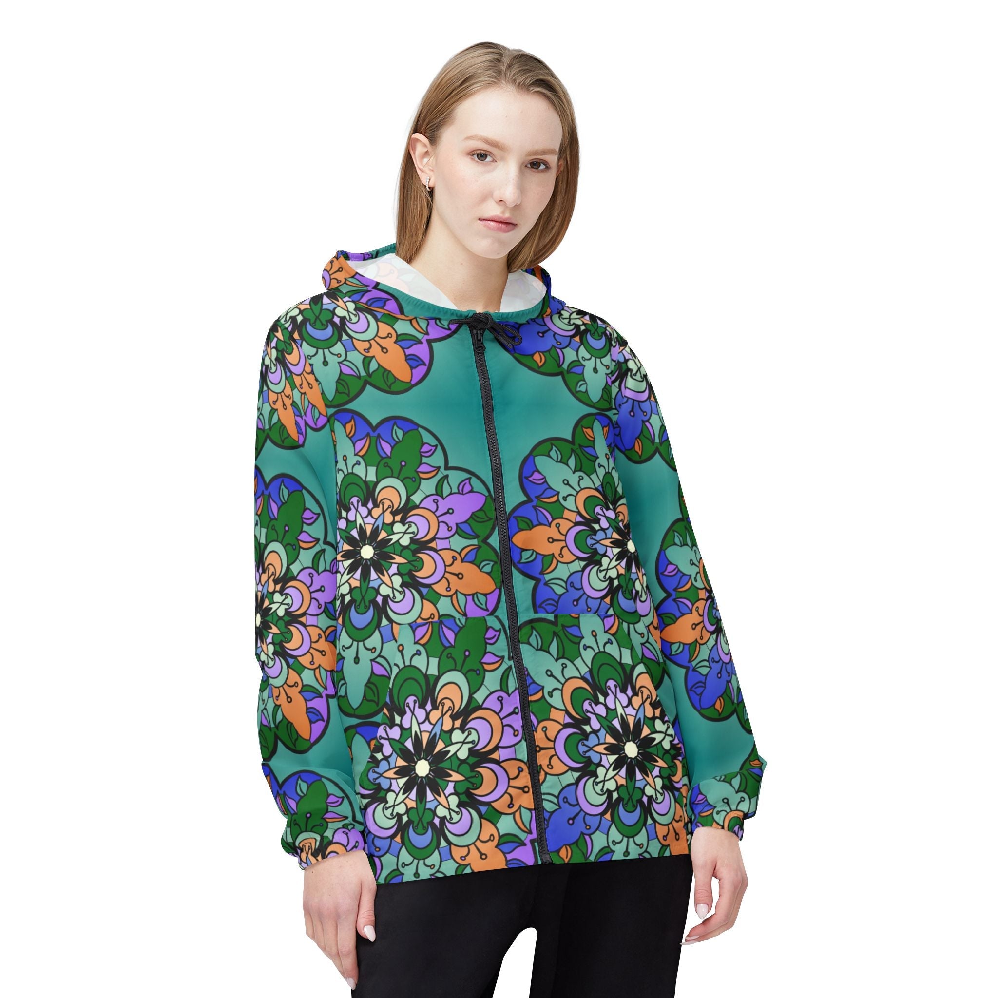 Petroleum Green Windbreaker Jacket with Blululi Mandala Art Designs Outerwear - Blululi