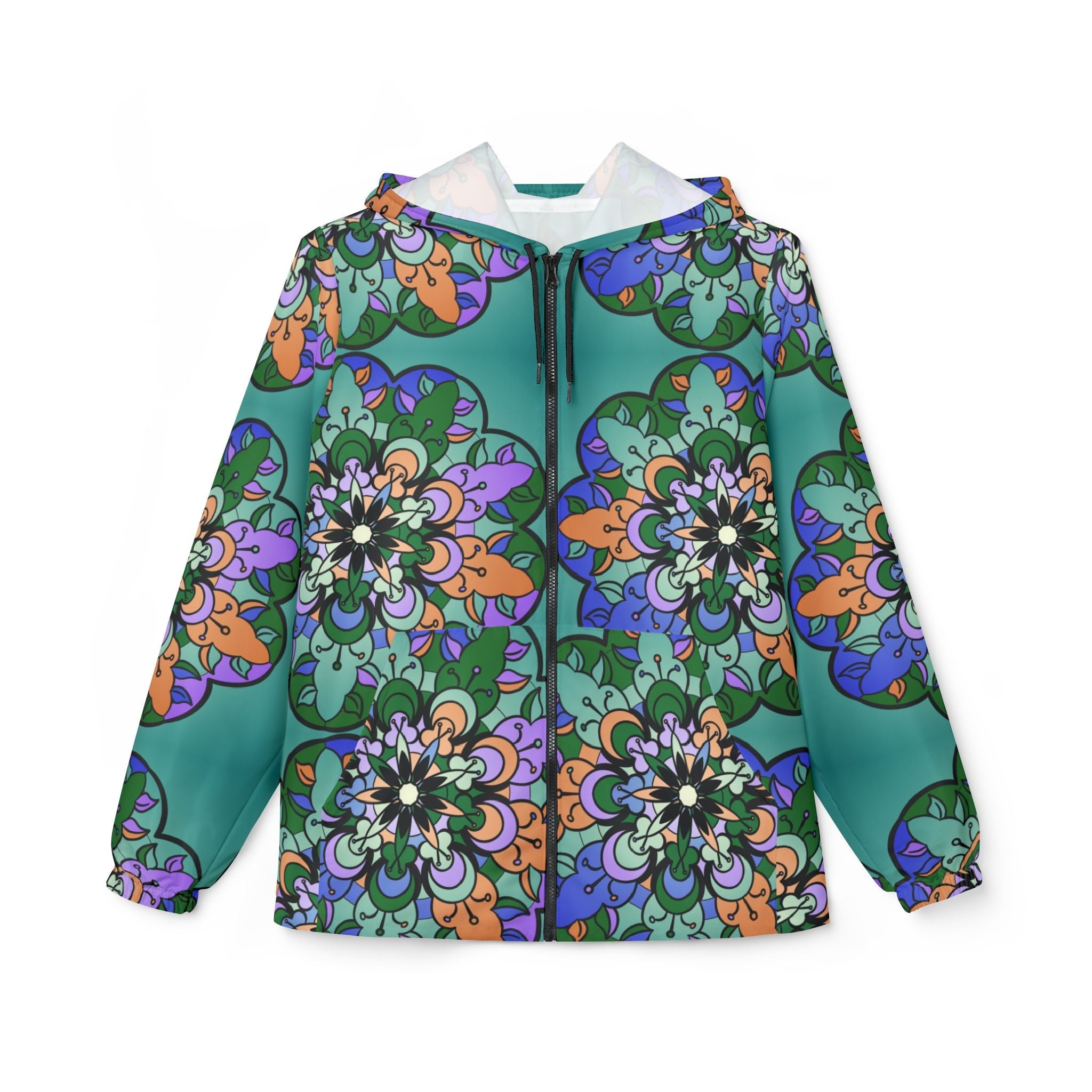 Petroleum Green Windbreaker Jacket with Blululi Mandala Art Designs Outerwear - Blululi