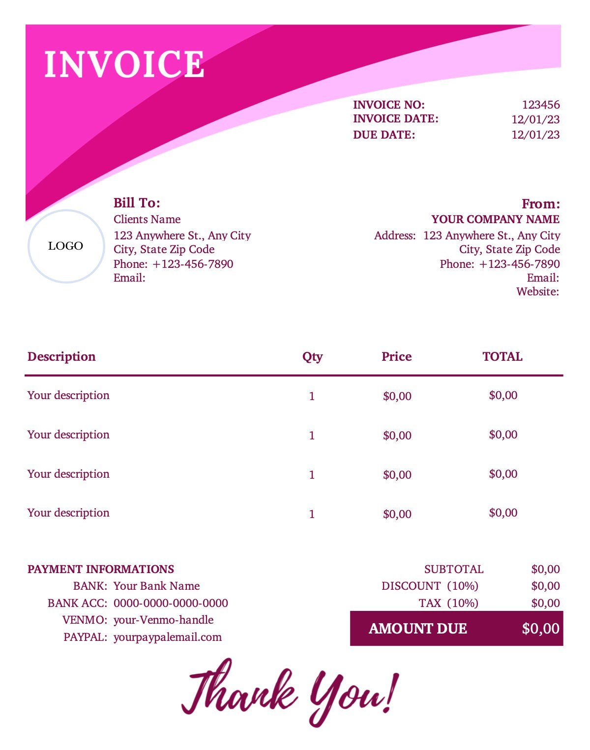 Pinky Invoice Template - US Letter Size digital download - Blululi