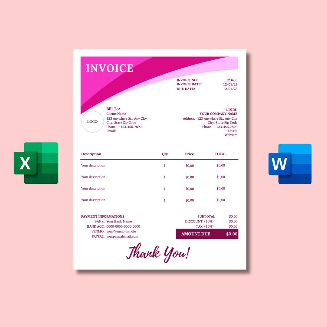 Pinky Invoice Template - US Letter Size digital download - Blululi