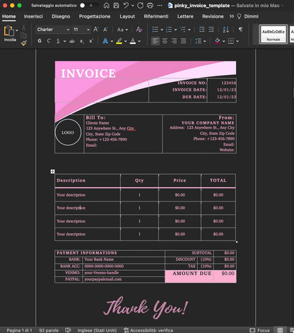 Pinky Invoice Template - US Letter Size digital download - Blululi