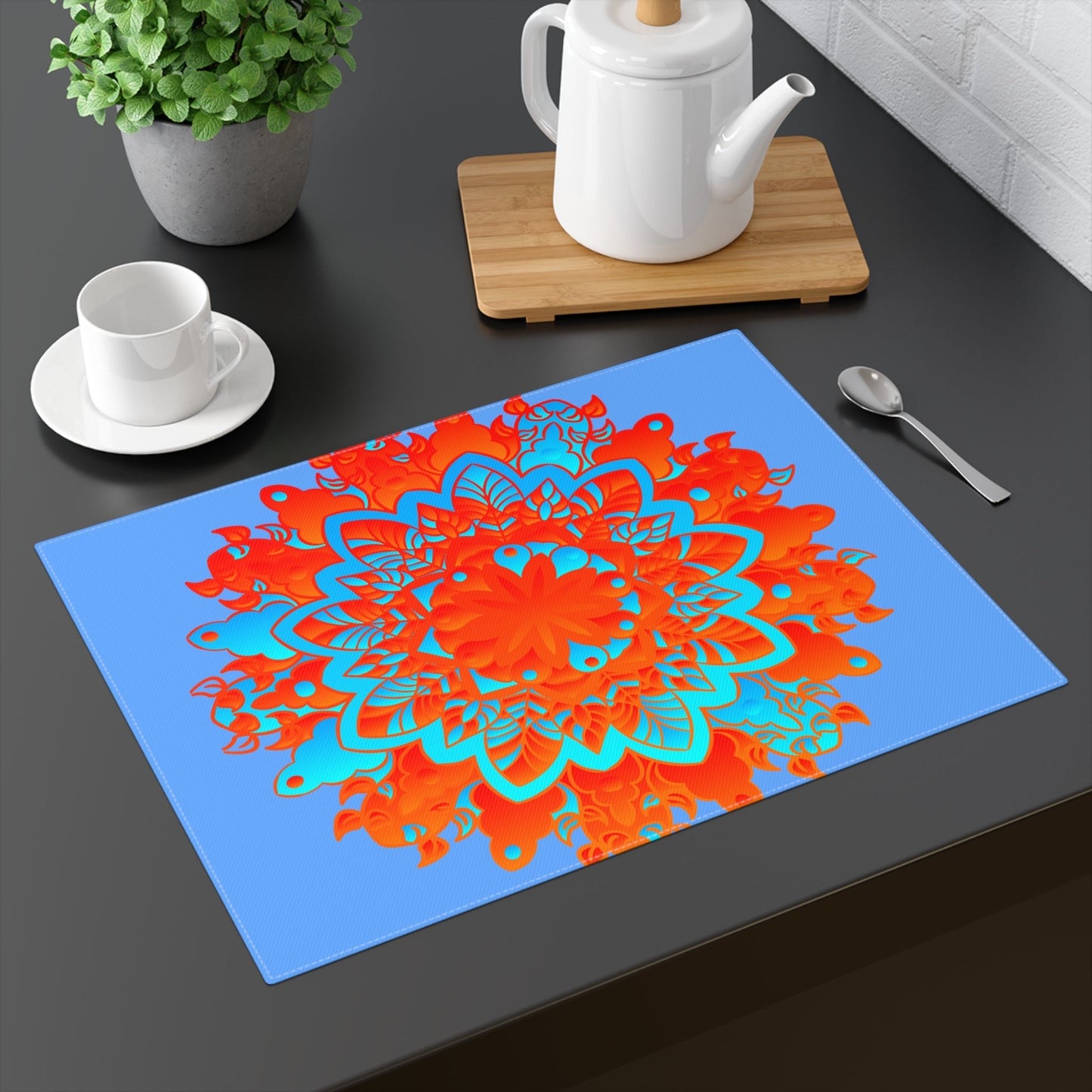 Placemat with Mandala Art Drawn by Hand - Blue - Orange, 1pc - Blululi