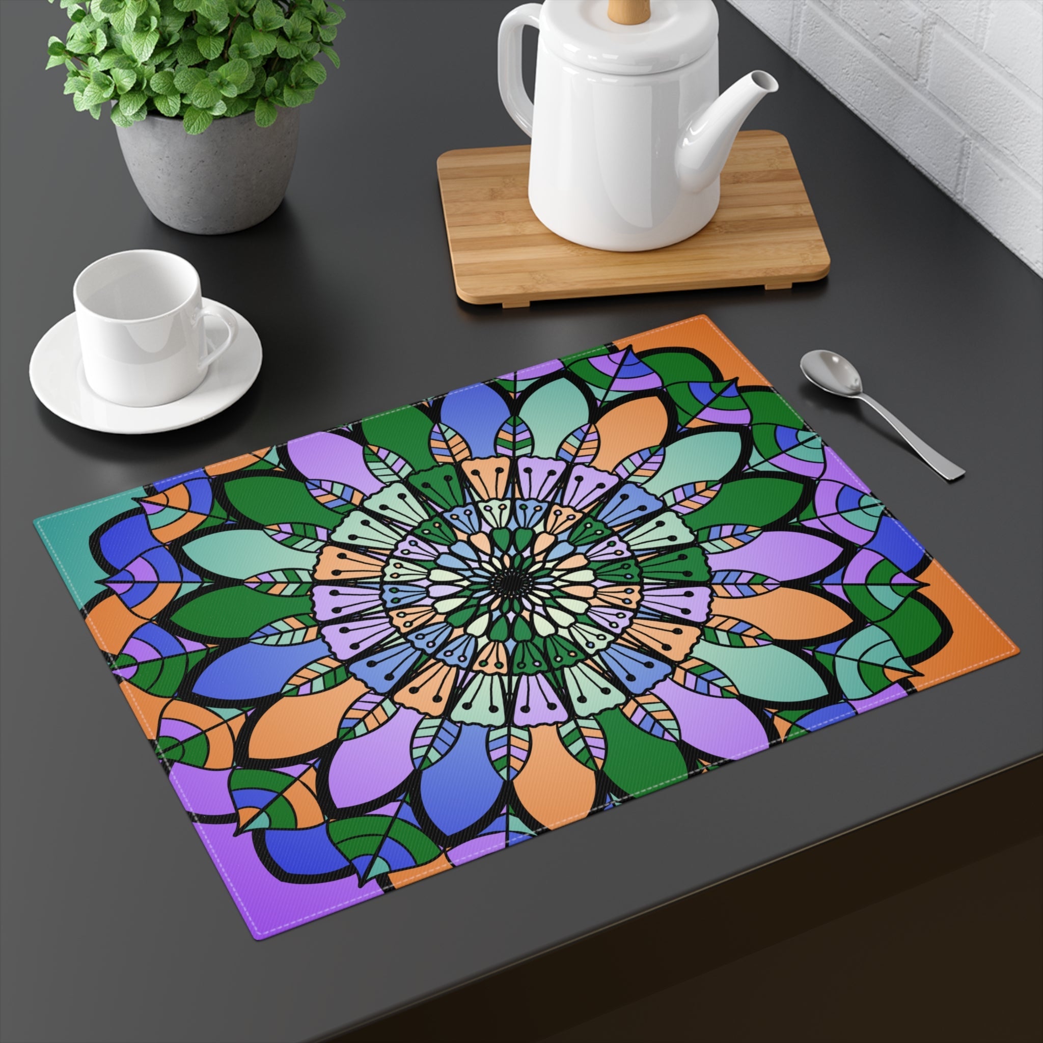 Placemat with Mandala Art Drawn by Hand - Green - Purple - Orange, 1pc - Blululi