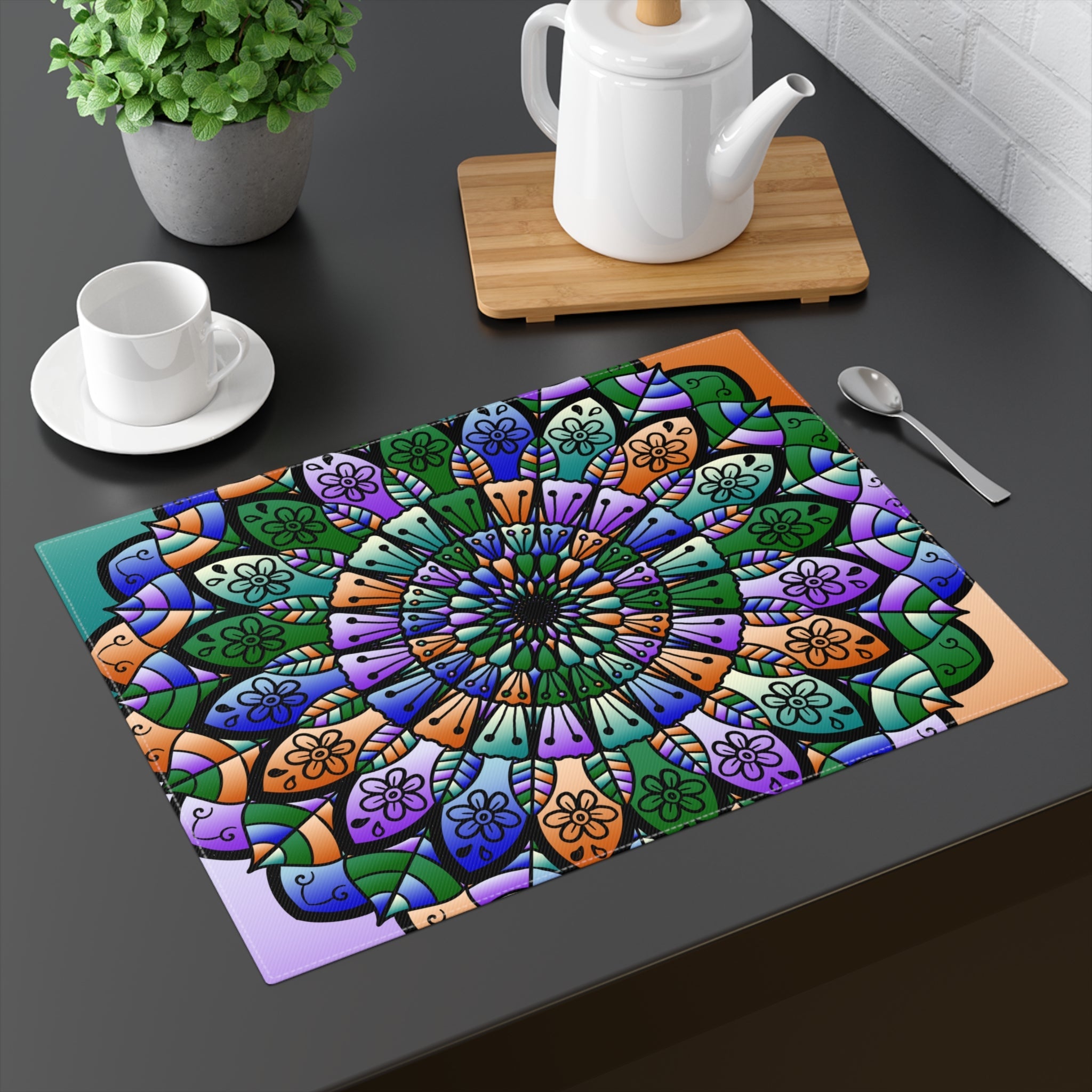 Placemat with Mandala Art Drawn by Hand - Teal - Purple - Orange, 1pc - Blululi