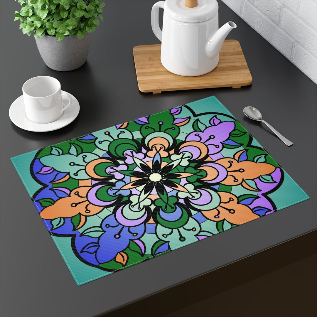 Placemat with Mandala Art Drawn by Hand - Teal - Purple - Orange, 1pc - Blululi