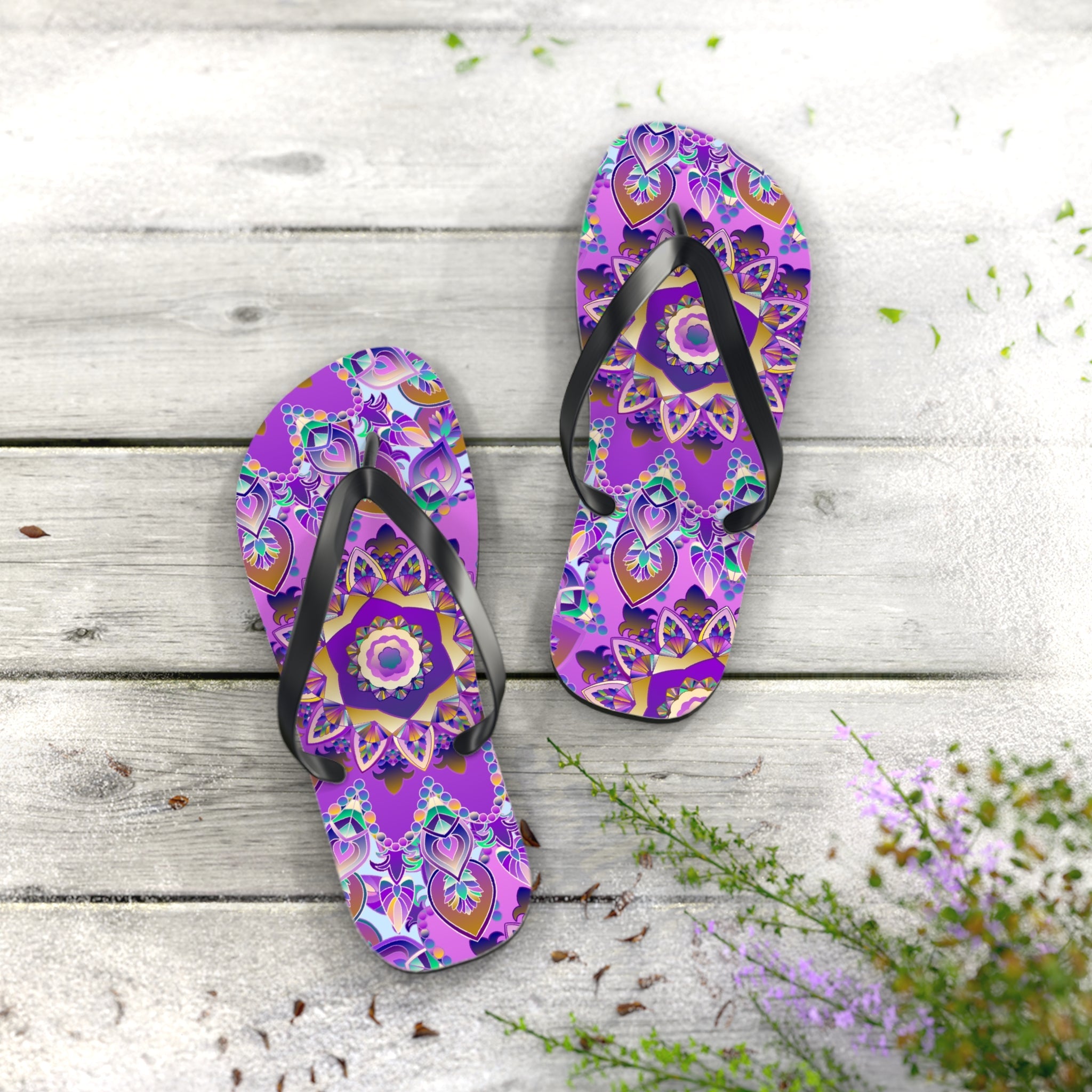 Purple & Gold Mandala Flip Flops - Bohemian Style Shoes - Blululi