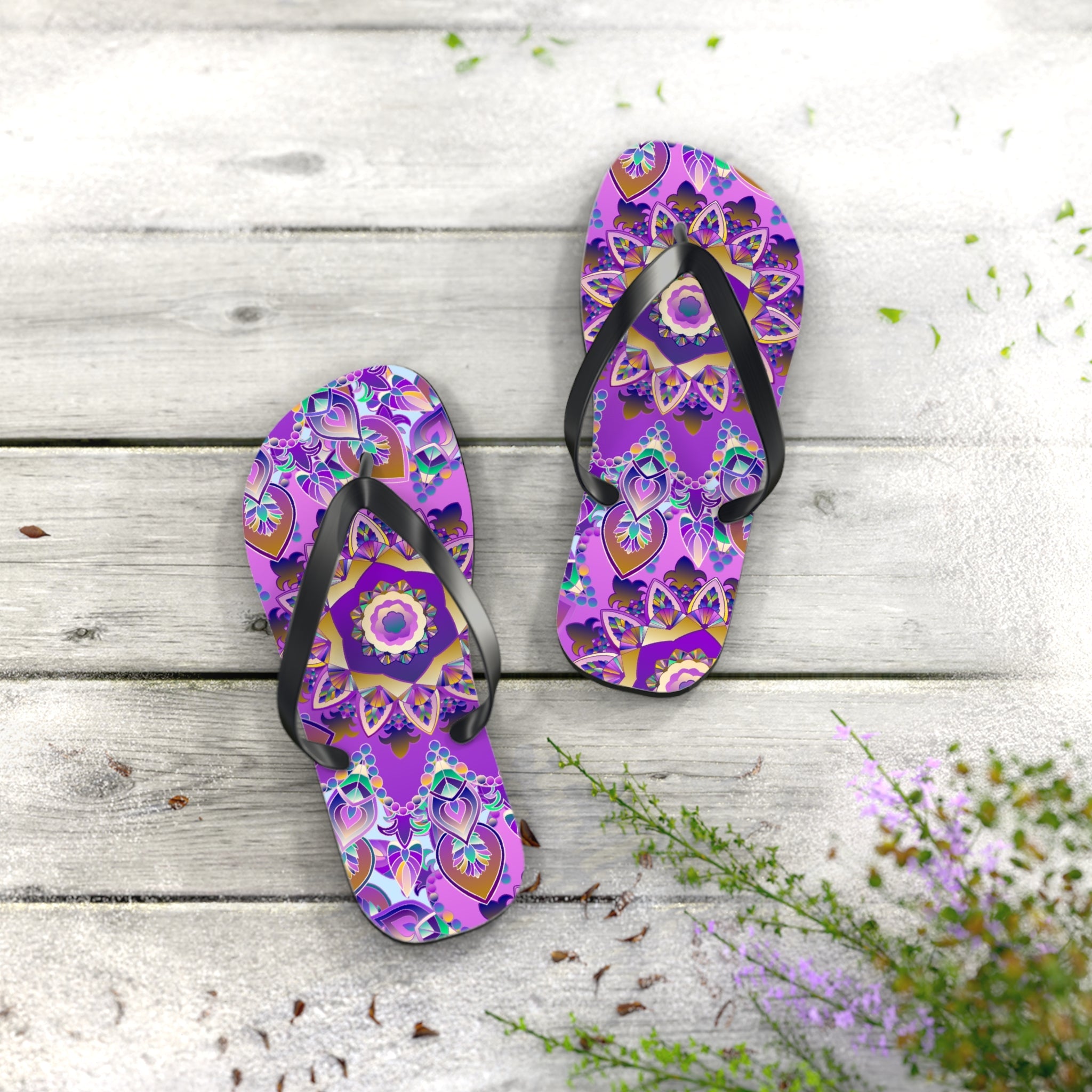 Purple & Gold Mandala Flip Flops - Bohemian Style Shoes - Blululi