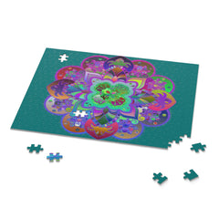 Puzzle with Mandala Art Hand - Drawn on Petroleum Green background - 2 sizes (252, 500 - Piece) - Blululi