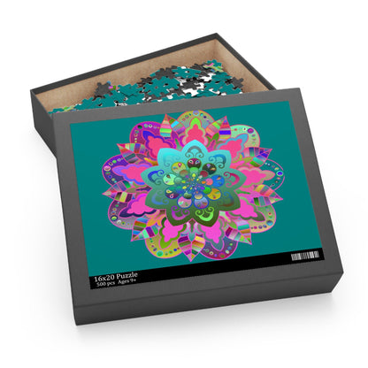 Puzzle with Mandala Art Hand - Drawn on Petroleum Green background - 2 sizes (252, 500 - Piece) - Blululi