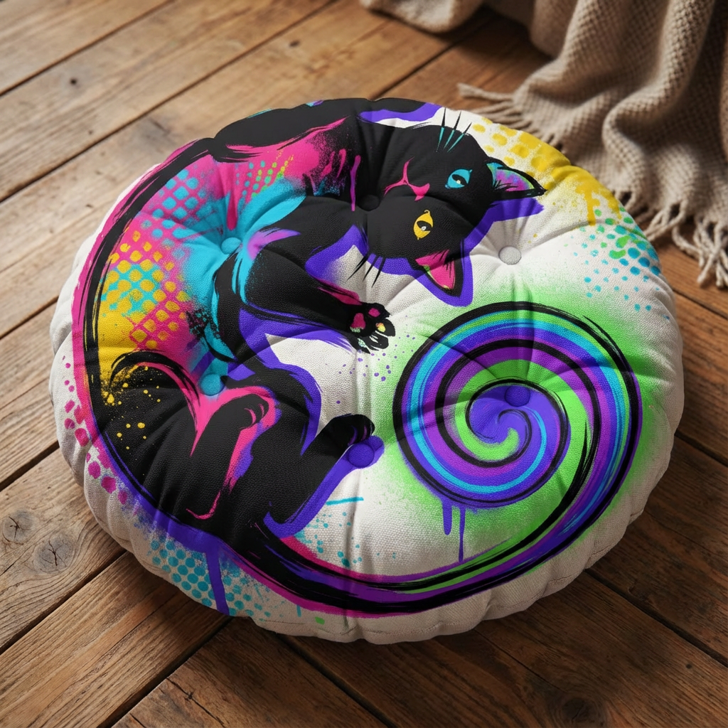 Black/dark background with neon pink, teal, and yellow graffiti-style cat illustration; round tufted floor pillow in a lifestyle setting showing urban, playful cat design