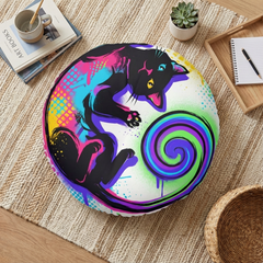 Black/dark navy round floor pillow with a neon graffiti cat design in urban street style; lifestyle close-up on a living room floor showing vibrant colors.