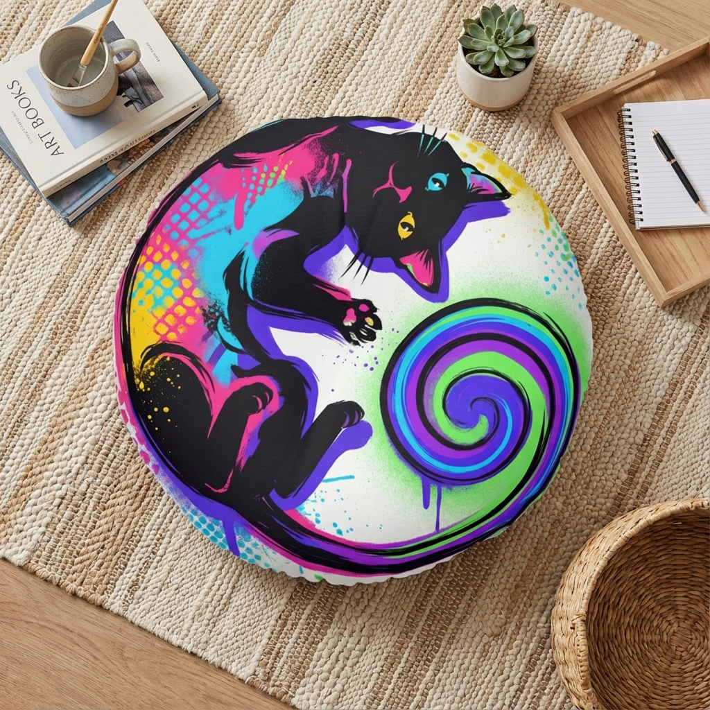 Black/dark navy round floor pillow with a neon graffiti cat design in urban street style; lifestyle close-up on a living room floor showing vibrant colors.